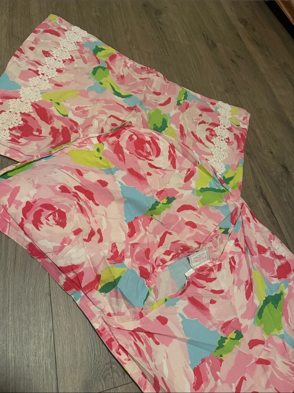 Lilly Pulitzer Pink Floral Pillow Shams with White Lace Trim set of 2